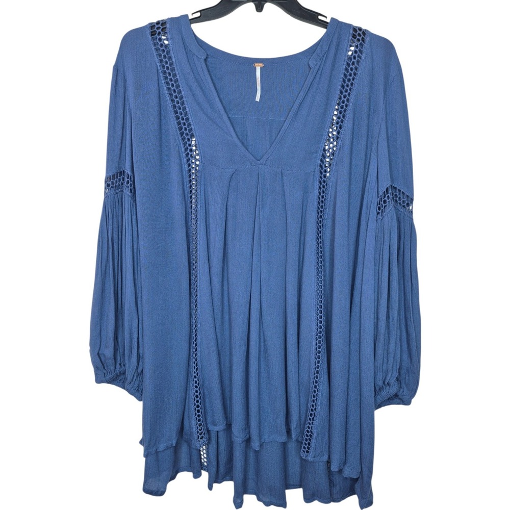 Free People Pleated Balloon Sleeve Tunic Dress Womens Small Blue Boho V-Neck